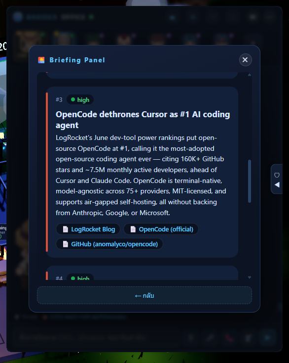 A morning briefing rendered inside a plugin panel