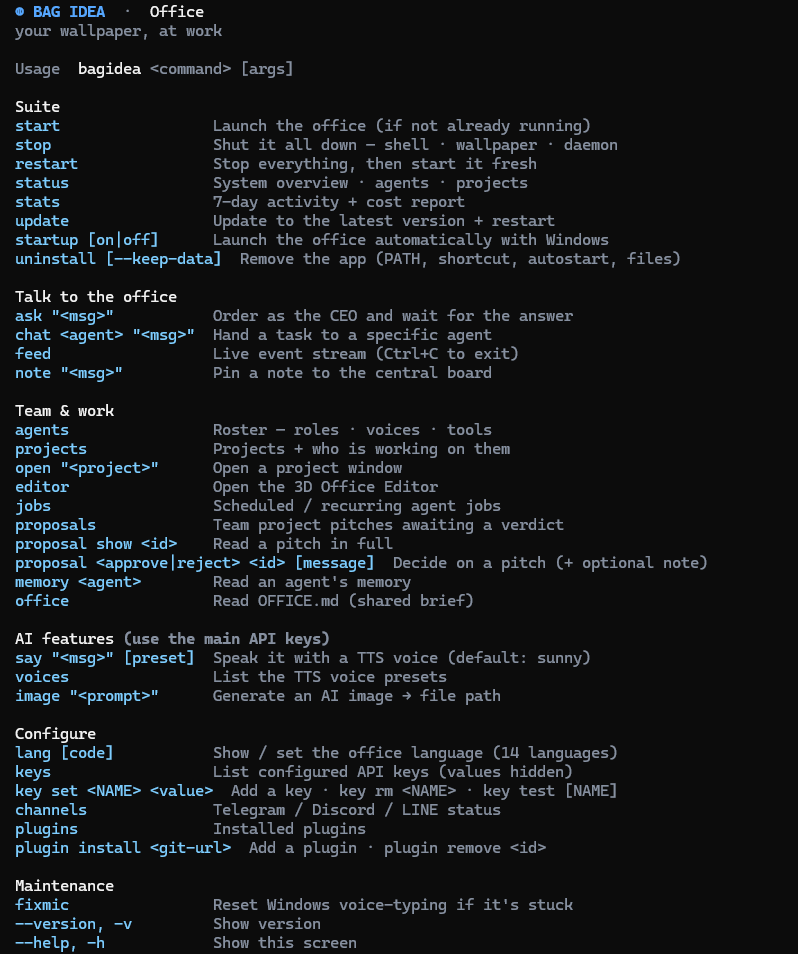 The bagidea CLI help screen